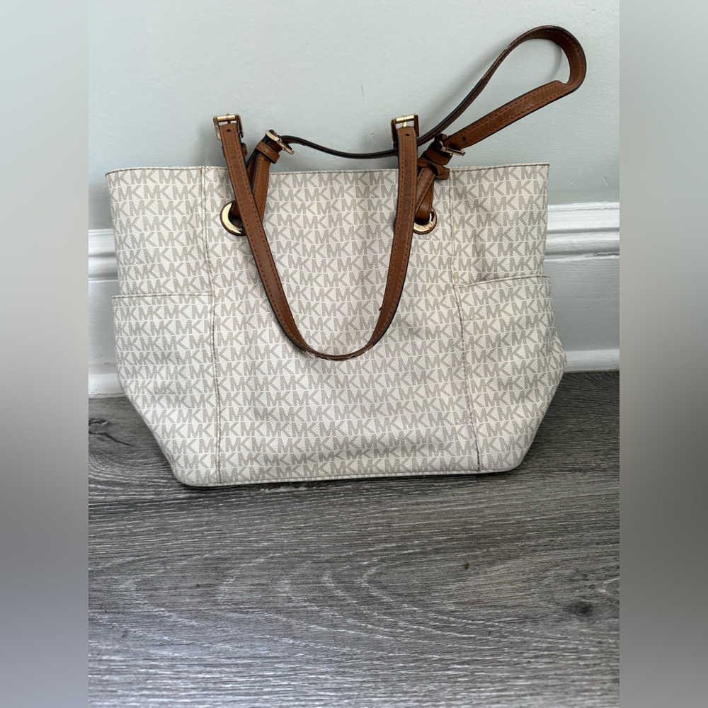 Michael Kors Cream and Brown Tote Bag with Monogram Print